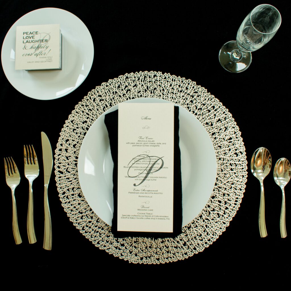 Wedding program, and gift tag at table setting.