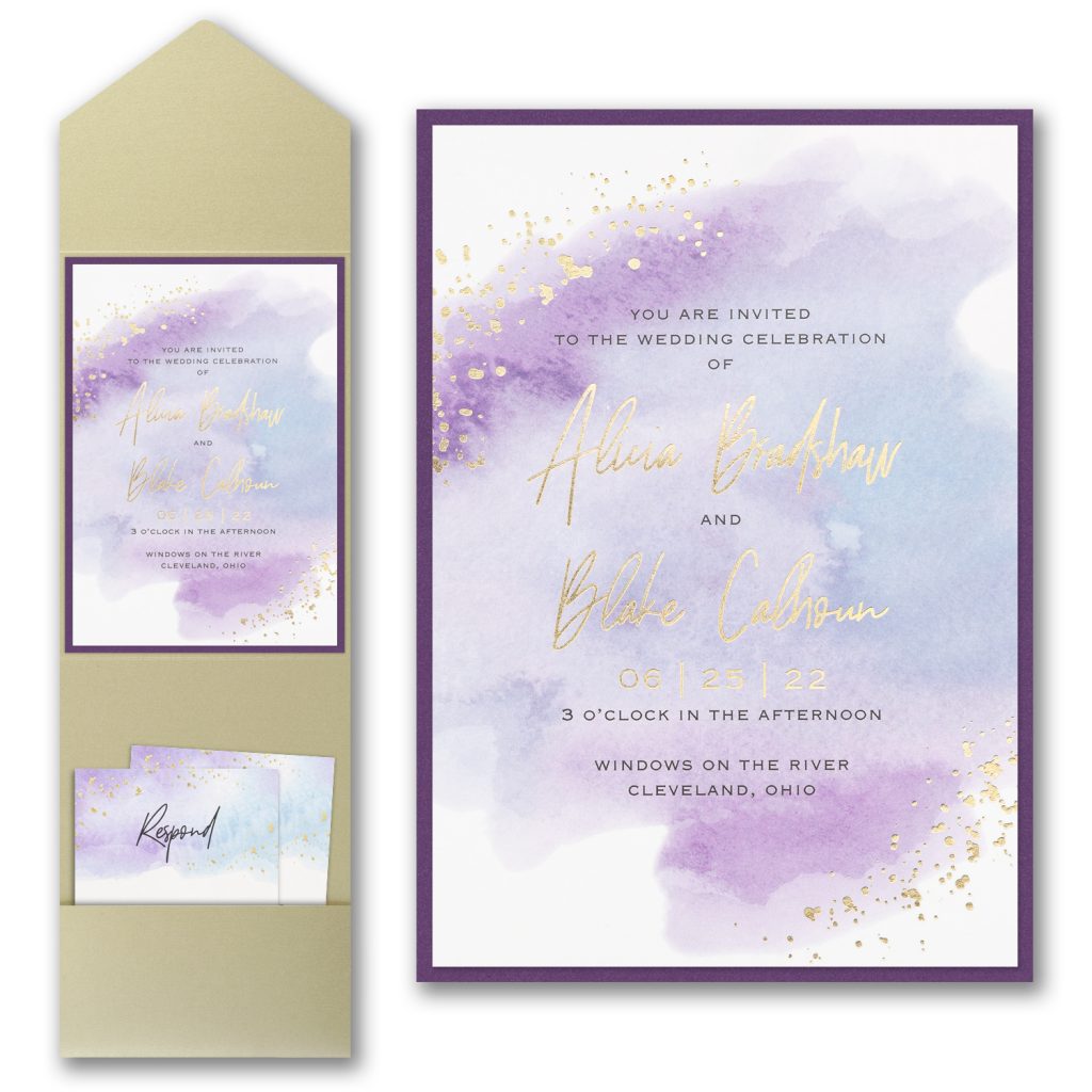 Purple Watercolor Invitation + Backer and Pocket