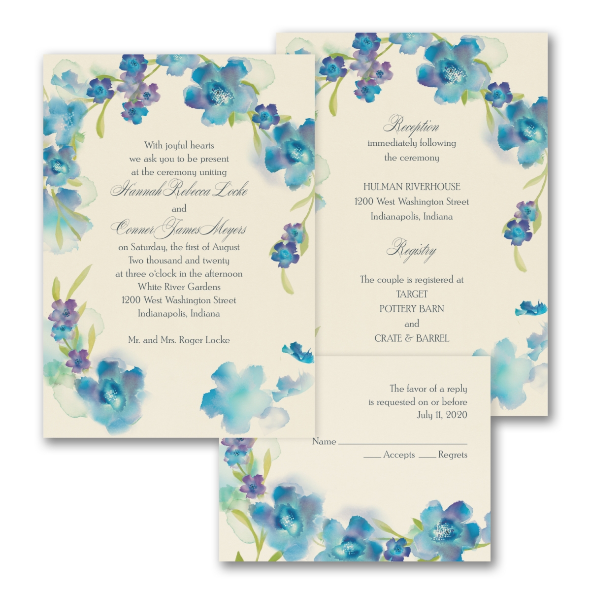 Watercolor Flowers - ValStyle Invitation - Blueberry - Ecru