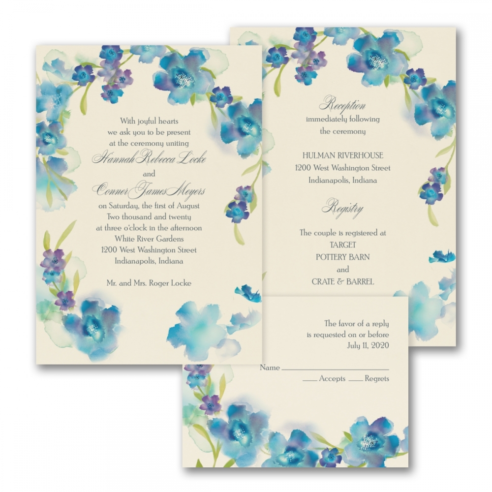 Watercolor Flowers - ValStyle Invitation - Blueberry - Ecru